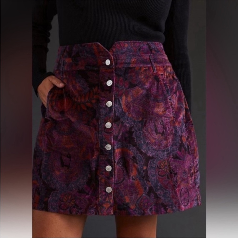 Anthropologie Purple Paisley Button Skirt